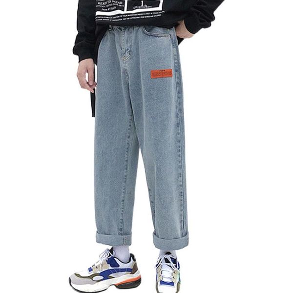 

missky new men long pants jeans denim pants label decoration straight bottom loose casual male trousers, Blue