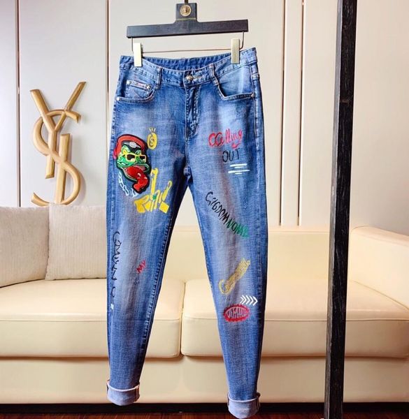 

0323 mens designer jeans new denim pencil pants for men embroidery labeling hip hop trend fascinating graceful, Blue