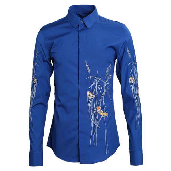 

spring and summer new flower and bird embroidery asymmetric men shirt long sleeve streetwear ropa de hombre 2018 men clothing, White;black