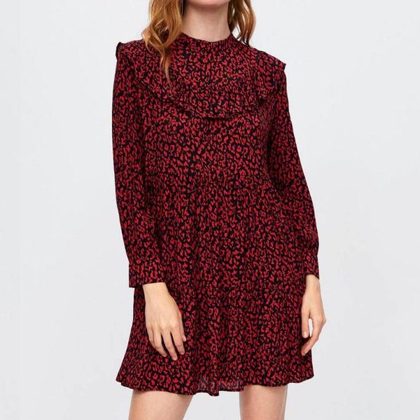 

floral print dresses womens ruffle design clothing mini dress vintage spring autumn long sleeve crew neck dresses, Black;gray