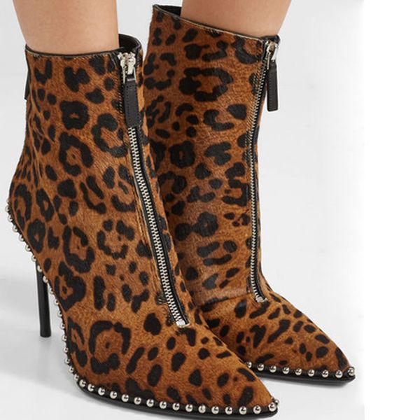 

chic women's high heeled pointed toe ankle boots autumn winter real leather rivets 10cm heels short boots eu35-41 size by597, Black