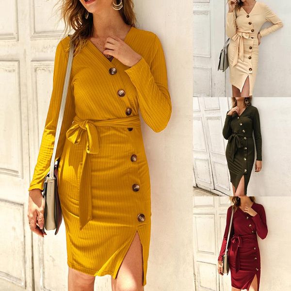 

женщин вязаный v-образным вырезом платье макси bodycon платья vestidos осень дамы длинный рукав кнопка вниз твердый тонкий подходят легкие п, Black;gray