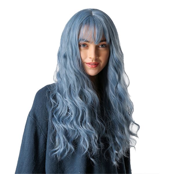 

24 inches women long wavy curly wigs synthetic cosplay anime blue wigs with neat bangs & wig cap, Black