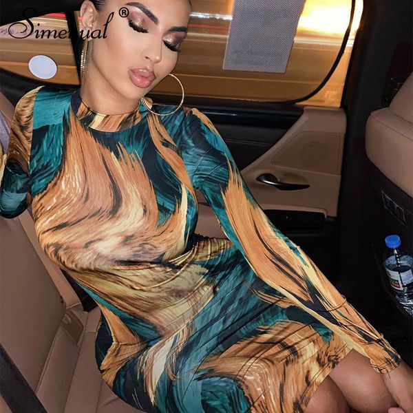 

simenual printed skinny party women bodycon dress fashion long sleeve autumn 2019 clubwear fitness slim midi dresses, Black;gray