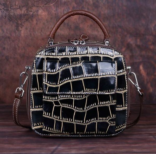 

new real cowhide bag 2019 contrast color shoulder bag wide-brimmed retro fashion crocodile twill handbag