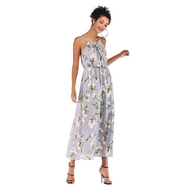 

casual dresses summer long dress halter neck vintage floral print sleeveless beach, Black;gray