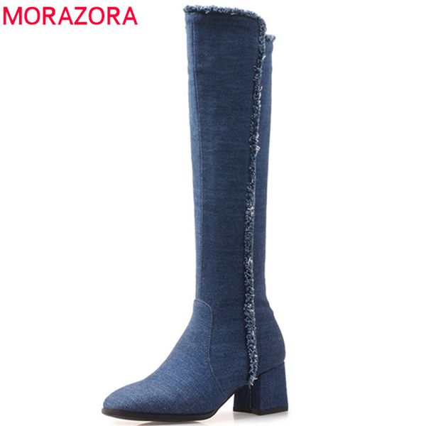 

morazora 2020 new fashion knee high boots women denim autumn winter boots square toe high heels dress shoes, Black