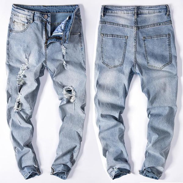 

mens spring new jeans ripped design slim pant zippers design draped pencil pants long trousers light blue jeans
