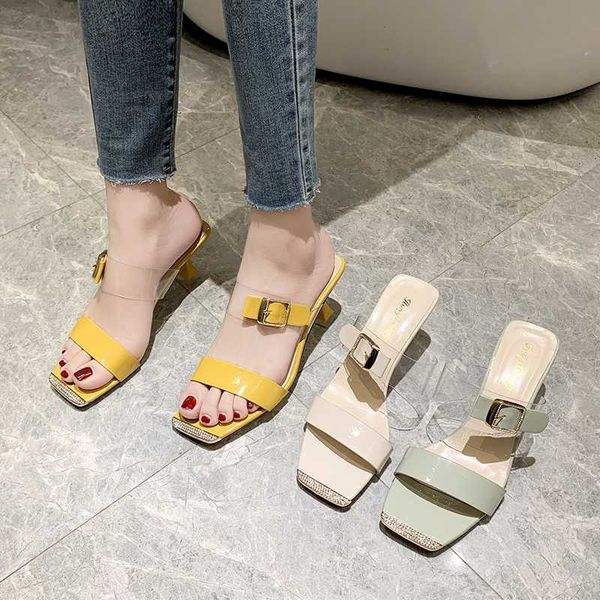 

shoes woman 2020 lady square toe glitter slides slippers heels slipers women fashion med girl jelly high thin new luxury, Black
