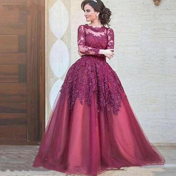 

new arrival saudi arabia lace beading long women evening dresses sheer jewel neck long sleeve tulle formal evening gowns plus size, Black;red
