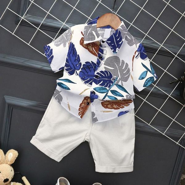 

2020 summer kids child boy's casual printing short sleeve t-shirt lapel shirt + white pants suit toddler outfits clothes roupa