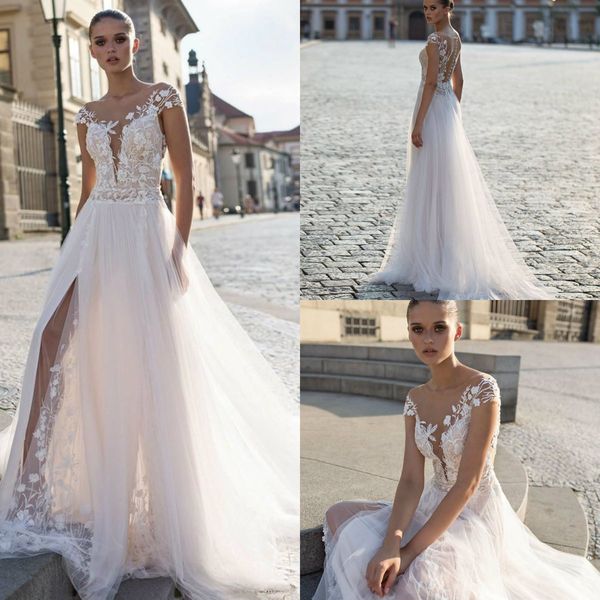 

vintage mermaid wedding dresses side split bridal gowns cap sleeve sweep train beach wedding gowns custom made, White