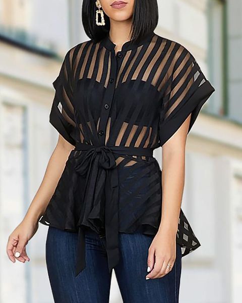 

women's blouses & shirts striped see through buttoned tied waist shirt, White