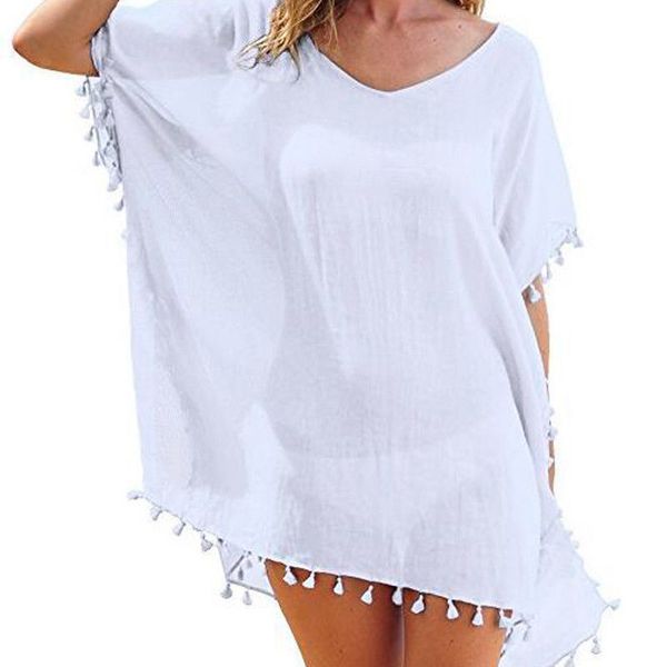 

chiffon tassels beach wear women swimsuit cover up swimwear bathing suits summer mini dress loose solid pareo cover ups, White