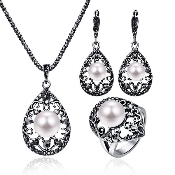 

cashou38 vintage pearl set ожерелье серьги кольцо капли набор из трех частей, Silver