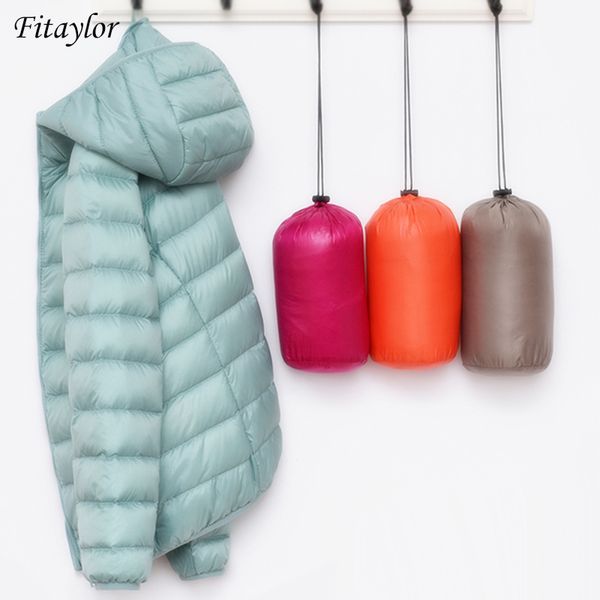 

fitaylor 2019 women ultra light duck down jackets new winter hooded coat long sleeve warm slim 4xl plus size jacket outwear, Tan;black