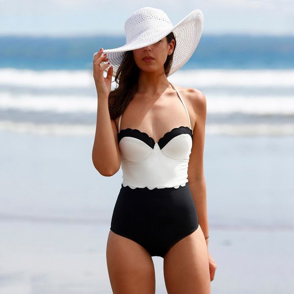 

2019 new swimwear europe and america fashion black and white color high waist lace swimsuit one piece bikini for women