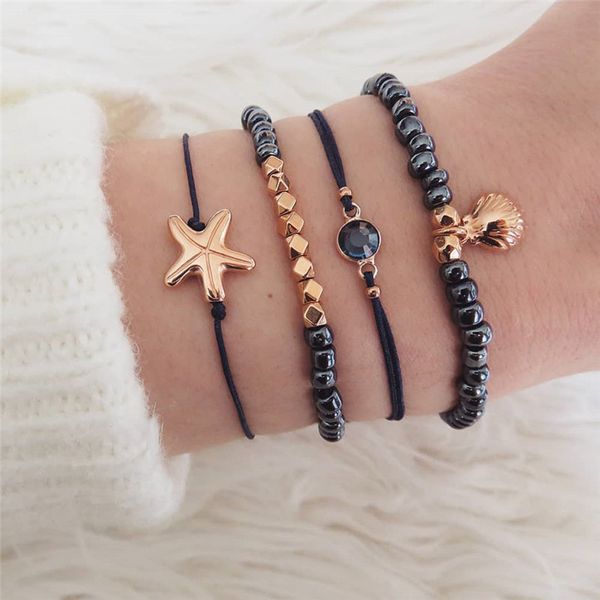 

4 pcs/set classic starfish shell round crystal multilayer adjustable open bracelet set women new party jewelry multiple styles, Black