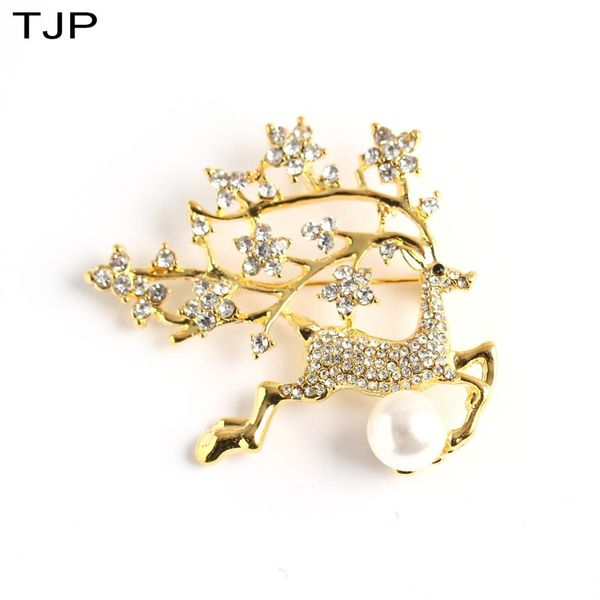 

tjp korean full-drill elk brooch gold fashion dual-purpose brooch with big pearl gifts for women, Gray