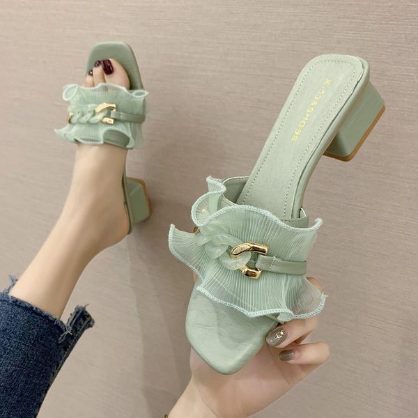 

shoes ladies' slippers square heel slipers women slides med block 2020 summer soft pu hoof heels rubber rome, Black