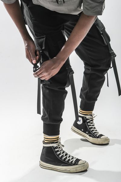 

men black joggers pants male streetwear overalls sweatpants mens big pockets ankel zipper cargo pants 866#