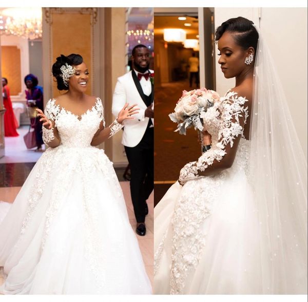 

african elegant bride mermaid wedding dresses 2020 sheer long sleeve lace applique bridal gowns button back vestidos de novia, White