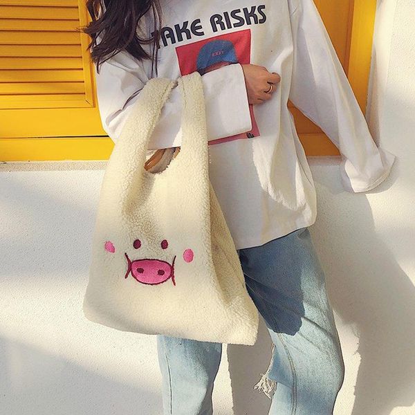 

women's cute cartoon pig embroidery plush large capacity tote shopping bag