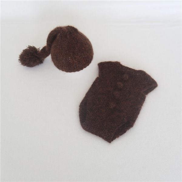 

dark brown mohair romper set knitted sleepy bonnet for newborn boys crochet bodysuit neutral baby outfit pgraphy props, White