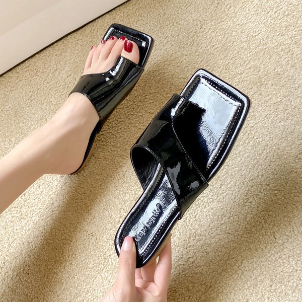 

shoes woman 2020 woman's slippers low rubber flip flops square toe slides new hawaiian flat scandals basic rome, Black