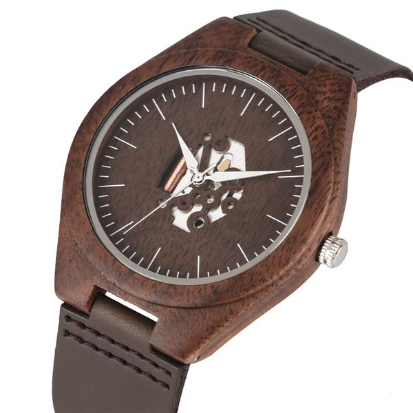 

handmade walnut wooden quartz watch movement for women men unique hollow-out dial wristwatch leather strap wooden watches, Slivery;brown