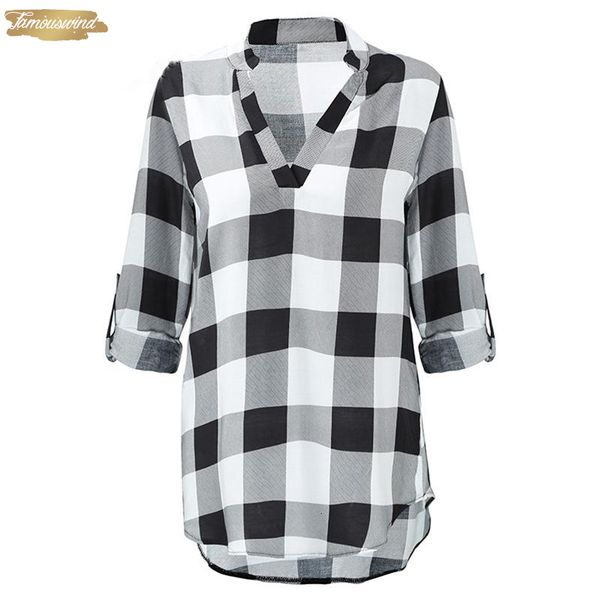 

classic autumn blouse women long sleeve plaid loose shirt v neck roll up rayon sleeves oversize long plus size casual, White