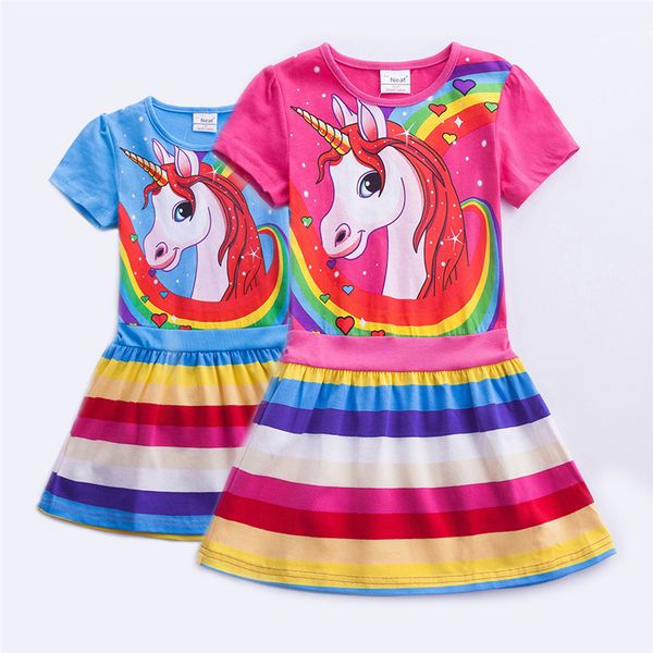 

summer printed rainbow striped short-sleeved dresses 2 colors unicorn for girls dresses kids designer clothes girls kids clothing jy19, Red;yellow