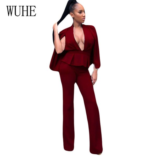 

wuhe deep v neck two pieces sets women outfits elegant long sleeve bodycon pants suits ladies fashion stylish matching set, White