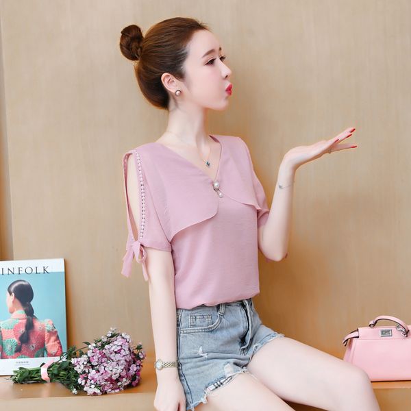 

coigarsam cute short sleeve blouse women new summer chiffon bow belt blusas womens and blouses pink purple 8822, White