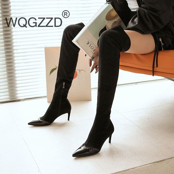 

2019 new winter shoes women's high boots genuine leather thin high heels pointed toe women's stretch long boots zapatos mujer, Black