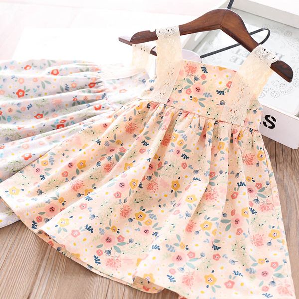 

2020 summer girls printed color floral lace shoulder dress wholesale children's clothing, Red;yellow