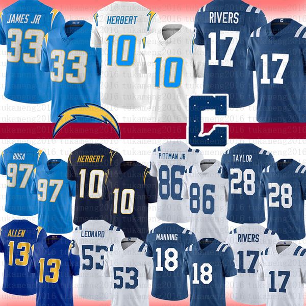 

philip rivers 10 justin herbert jonathan taylor derwin james jersey michael pittman jr keenan allen joey bosa darius leonard peyton manning, Black;red