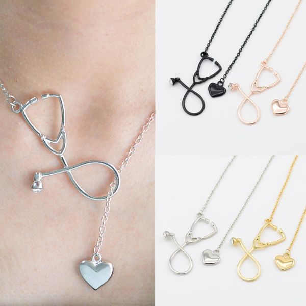 

4 colors stethoscope necklace lariat heart necklace nurse medical necklaces bijoux femme, Silver