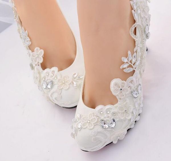 

white wedding shoes bride female high heels shoes woman color lace rhinestone pearl princess ball party large size, Black