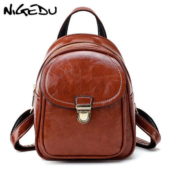 

nigedu mini backpack women oil wax leather schoolbag for teenager girls book bag solid backpacks female mochilas mujer daypack