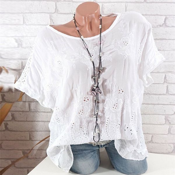 

women casual short sleeve lace solid fashion loose plue size shirt personality fashion hollow summer ventilation blouse *, White