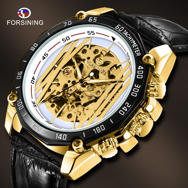 

business causal mens mechanical skeleton luminous watches forsining fashion golden white dial leather starp clock reloj hombre, Slivery;brown