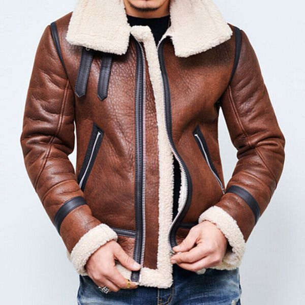 

high collar winter thick warm fleece lined suede leather flight jacket pilot bomber men faux sheepskin coat black brown