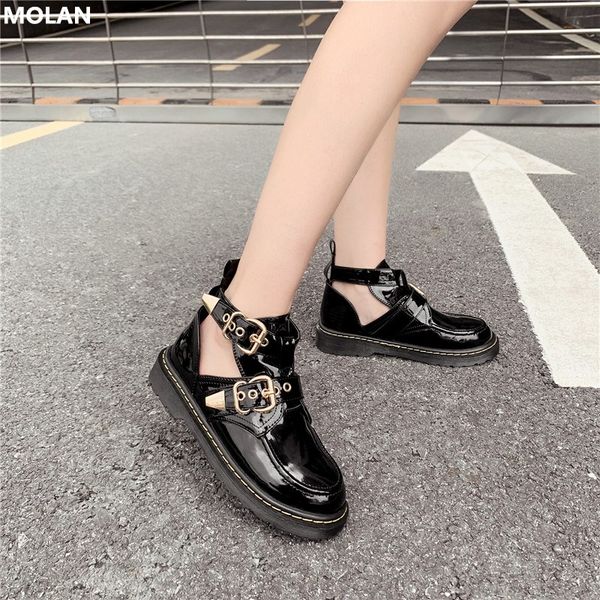 

molan brand designers 2019 winter new fashion luxury metal buckle decoration hallow leather shoes short ankle boots black
