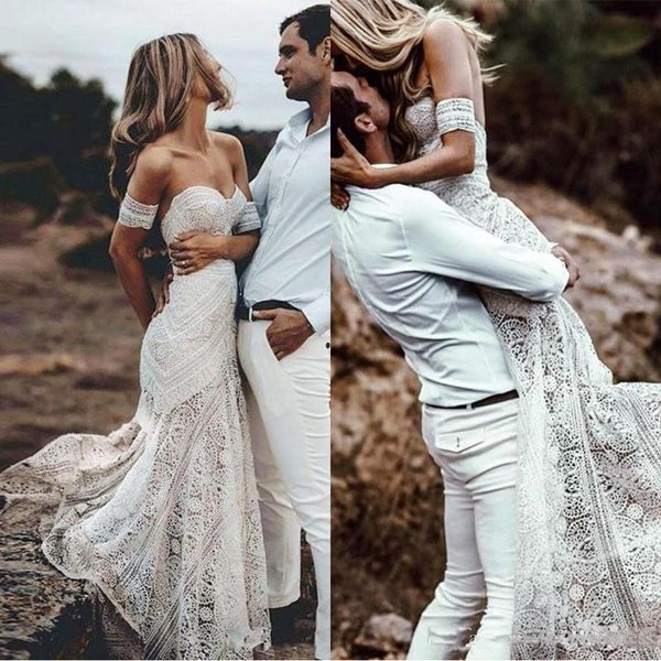 

country style off shoulder sheath lace wedding dresses bohemian mermaid long bridal gown beach vestido de novia, White
