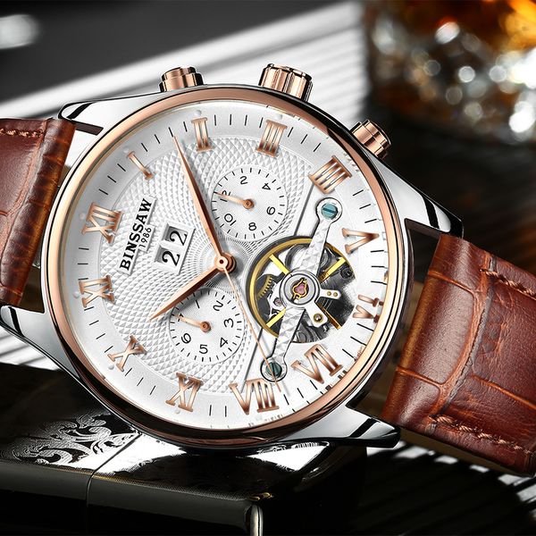

kinyued perpetual calendar mechanical skeleton watches men automatic mens tourbillon watch rose gold waterproof relojes hombre c19010401, Slivery;brown