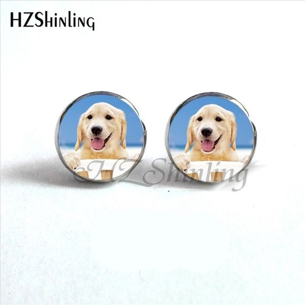 

new white dog peeking earrings handmade glass dome cute peeking dog stud earrings wholesale hz4 ed-0023, Golden;silver