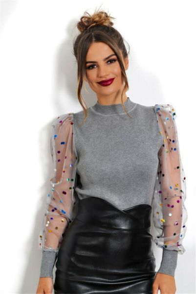 

women fashion lace mesh sheer see-through long puff sleeve shirts blouse, White