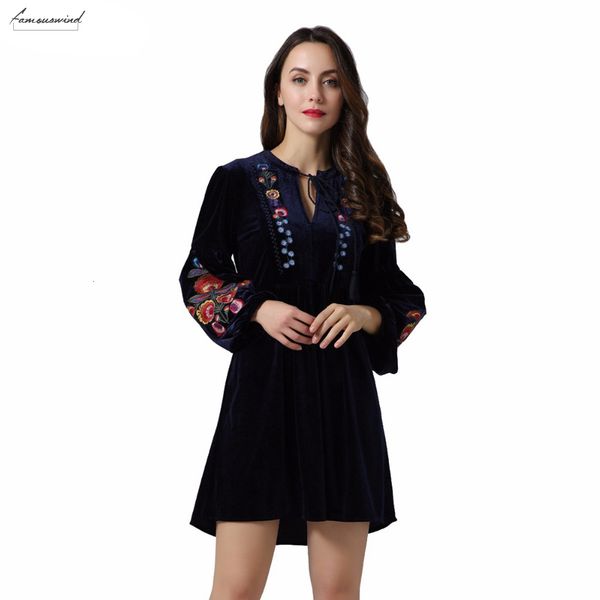 

vintage floral embroidery velvet dress bow tie lantern sleeve cute casual tassel loose pleated dresses neck vestidos, Black;gray