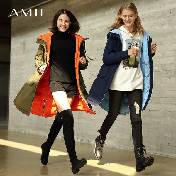 

amii minimalist winter hooded down jacket women 2018 casual solid thick patchwork plus size loose waterproof female down coat, Black